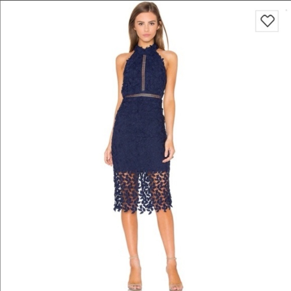 Navy blue Bardot lace midi dress. Size 8/medium.  Purchased at Nordstrom.